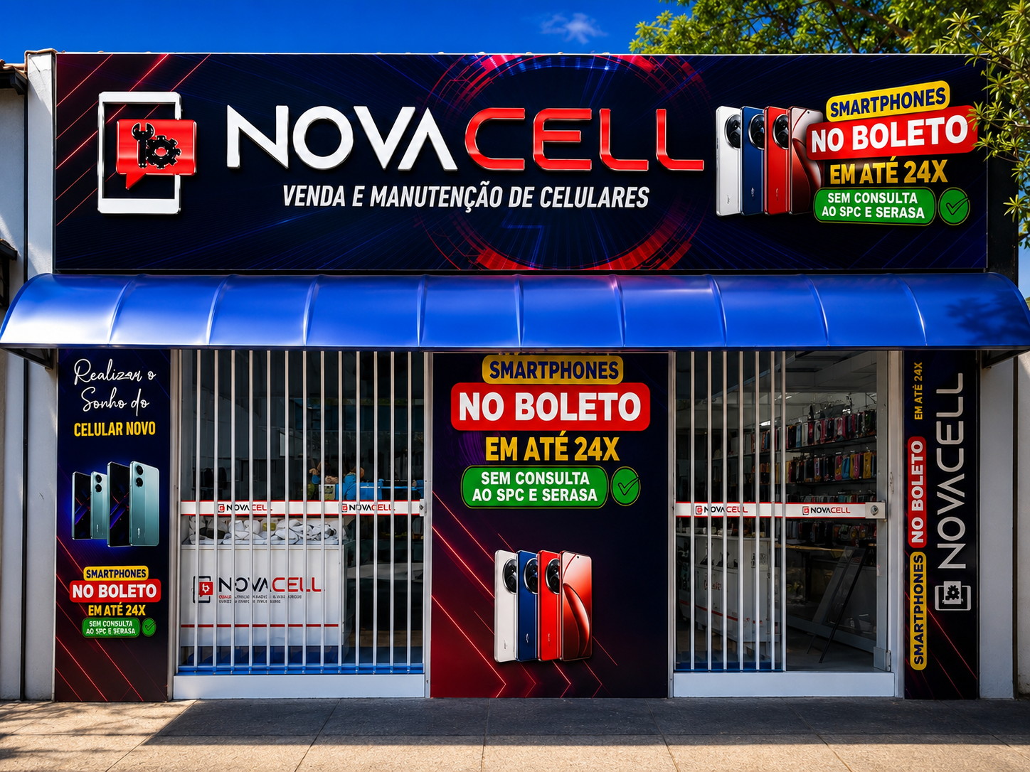 Fachada real da loja Nova Cell, com letreiro e entrada, em Nova Europa